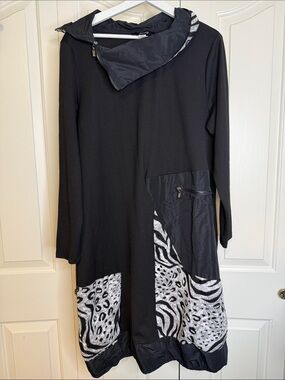 Black Women's Long Sleeve Dress with Zebra Print Panels